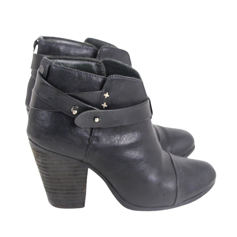rag & bone NY BLACK GENUINE LEATHER HIGH HEEL ROUND TOE BELTED ANKLE BOOTS Sz 37 - Picture 5 of 9